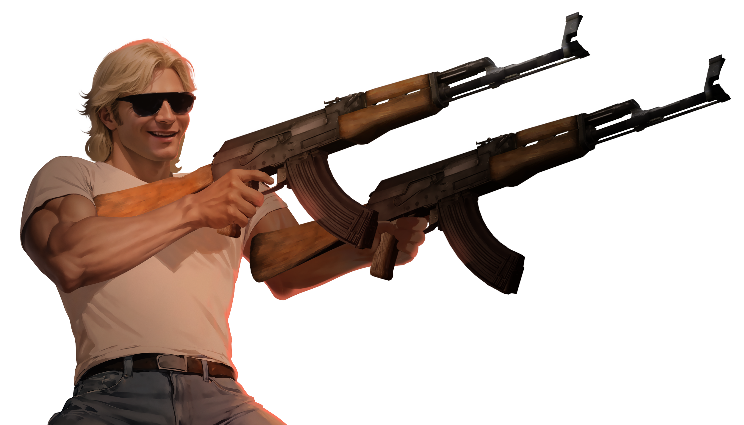 Chuck Bonesteel painted portrait, dual-wielding rifles, on a transparent background