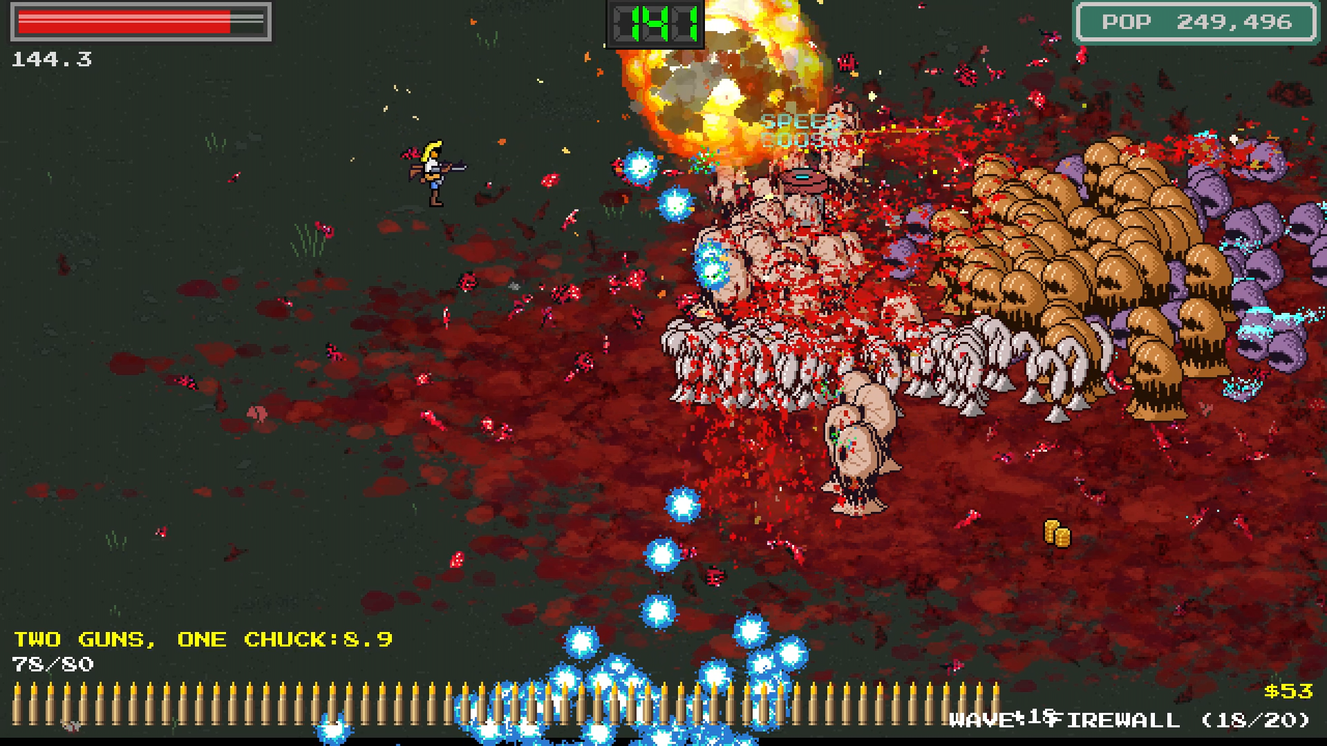An explosion tears through a mixed alien horde on heavily blood-stained ground