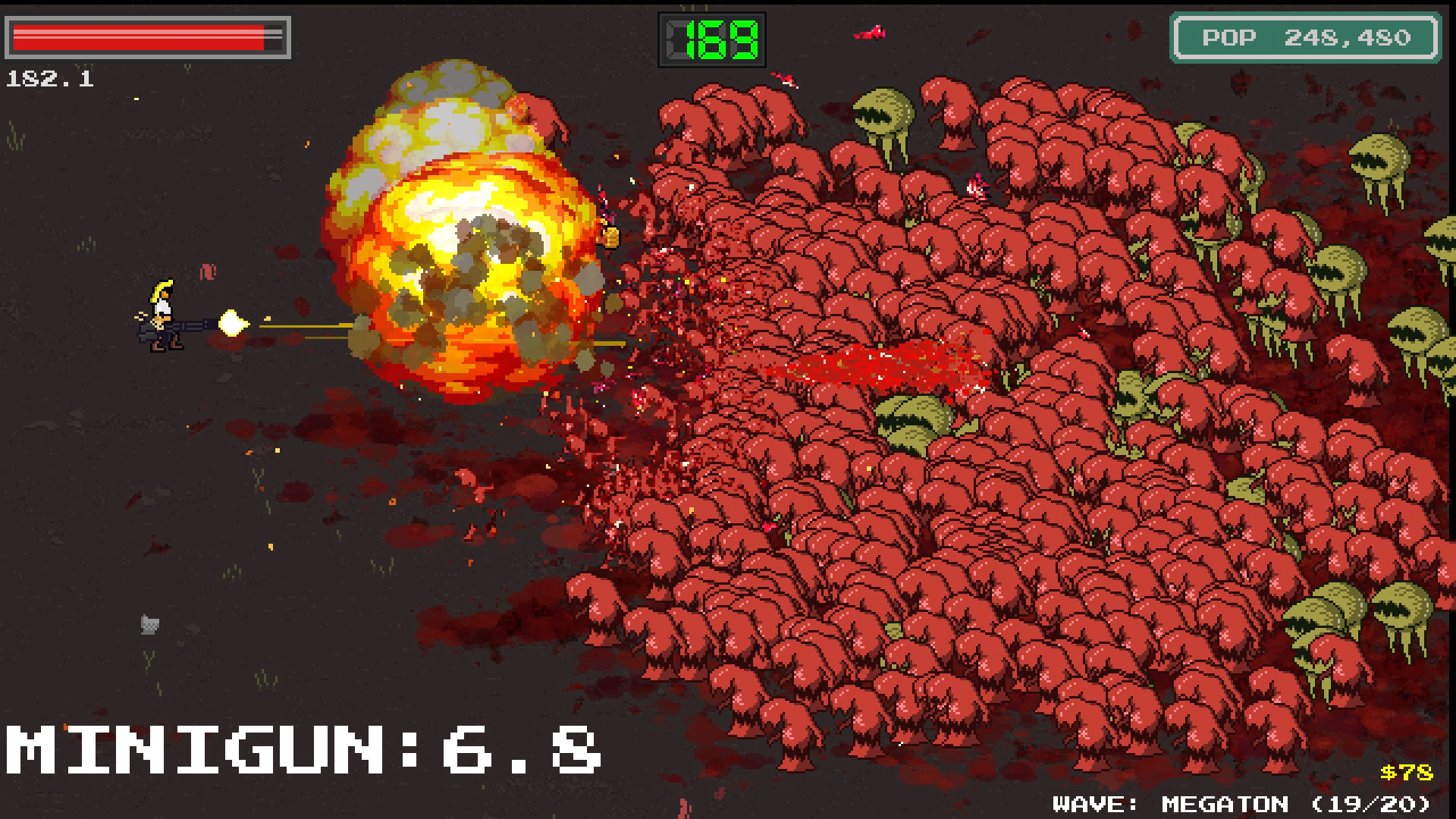 Chuck firing the airdropped minigun into a dense red horde