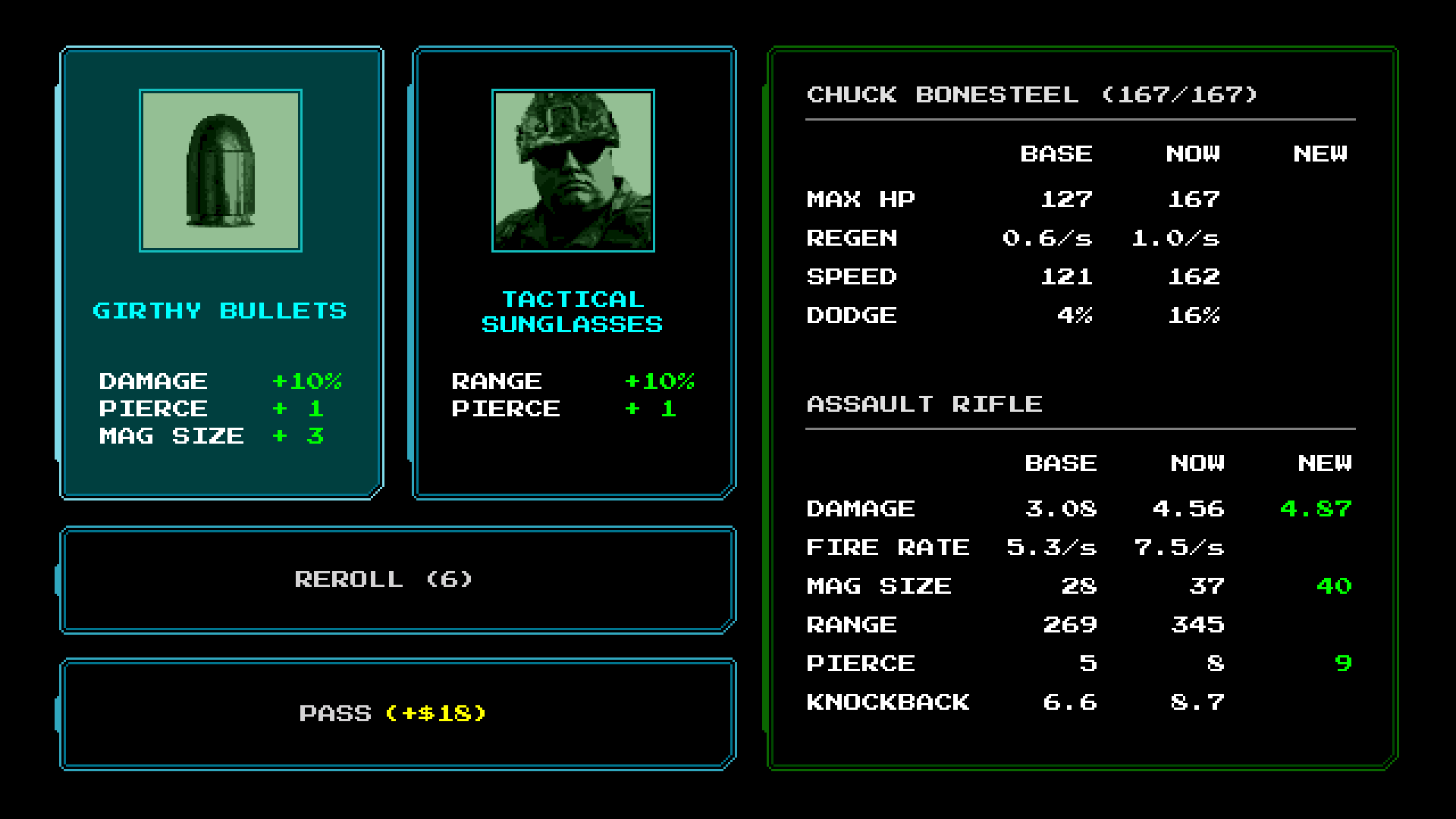 The between-waves upgrade screen showing two cards and the full stat comparison