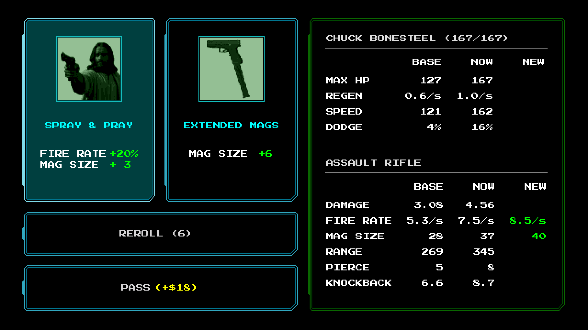 The upgrade screen offering a fire rate card against a magazine card