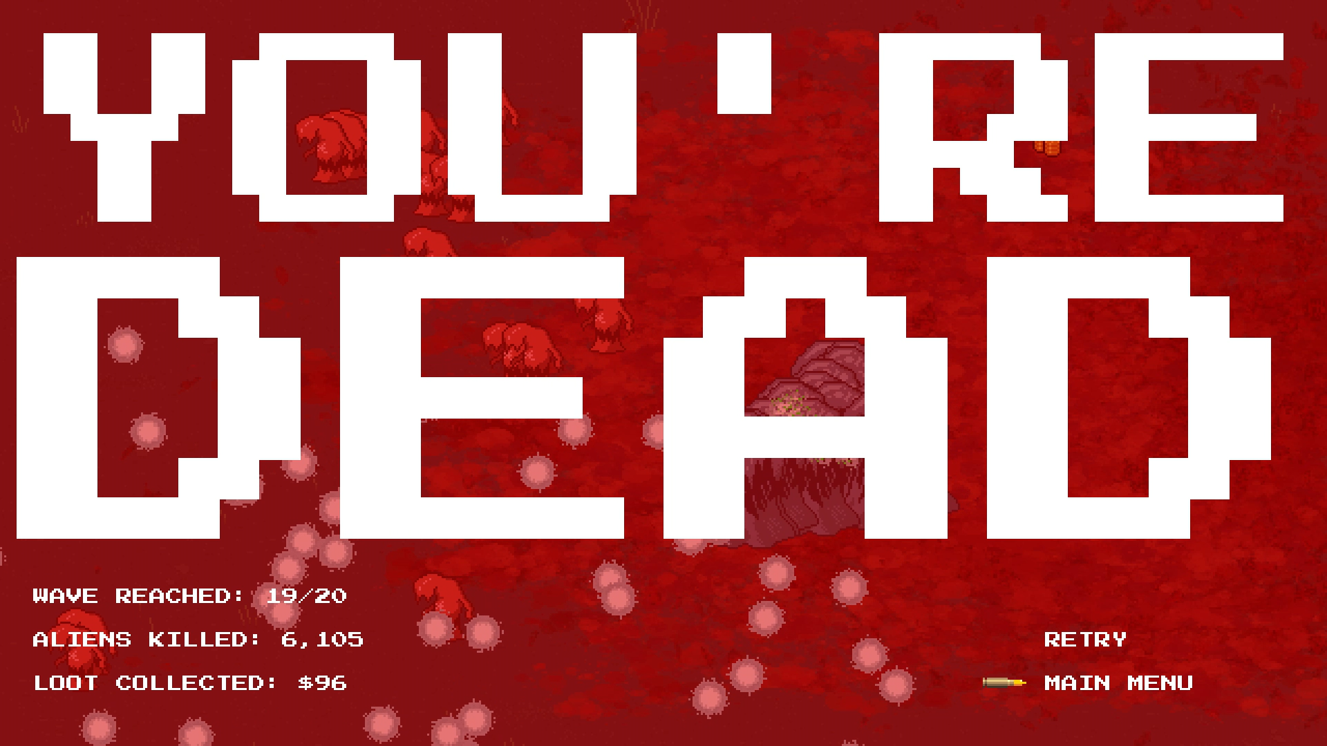 The run summary screen: wave reached, aliens killed, loot collected