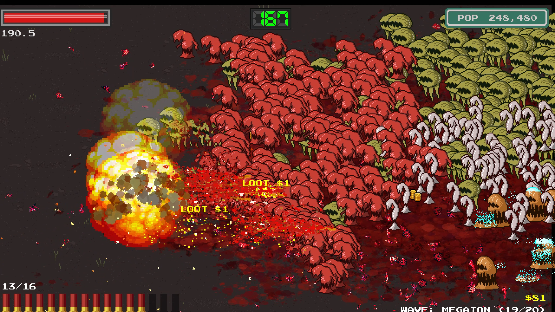 An explosion in a packed horde with loot dropping from the kills
