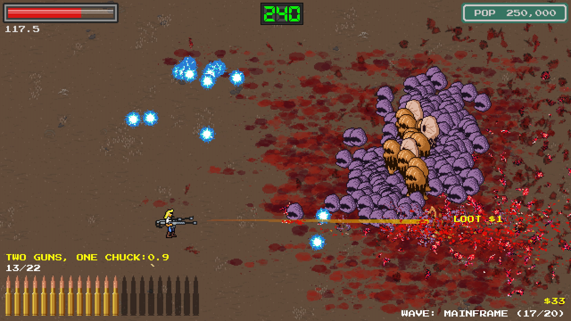 Minigun fire into a purple alien horde over a soaked battlefield